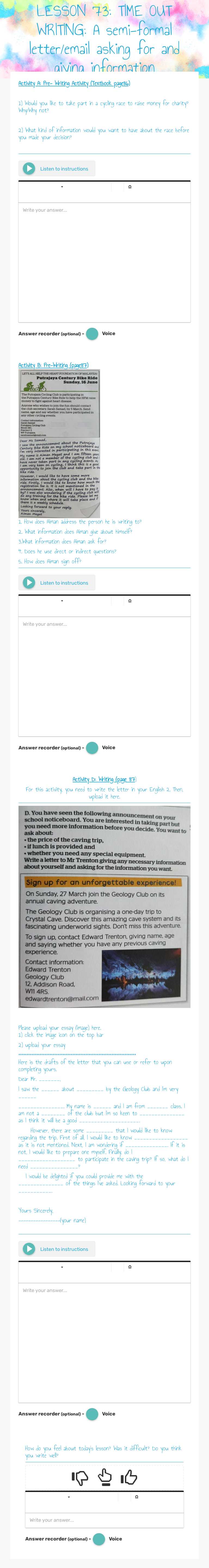 LESSON 73: TIME OUT
WRITING: A semi-formal letter/email asking for and giving information worksheet preview image