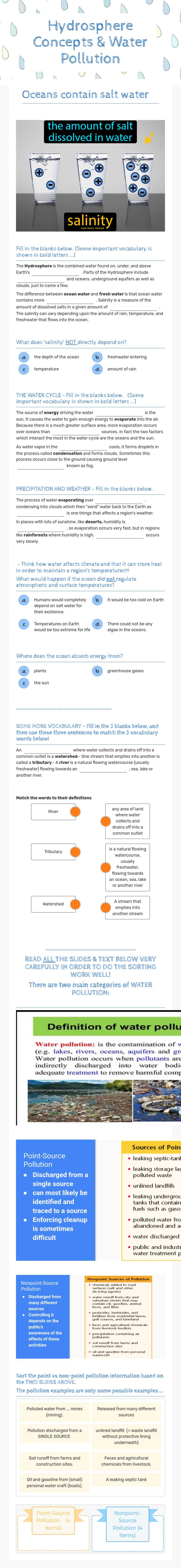 Hydrosphere Concepts & Water Pollution Grade 9 worksheet preview