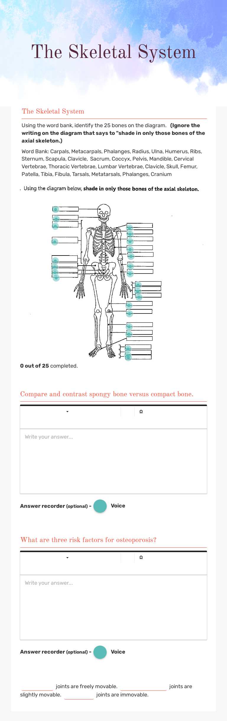 The Skeletal System Grade 10 worksheet preview