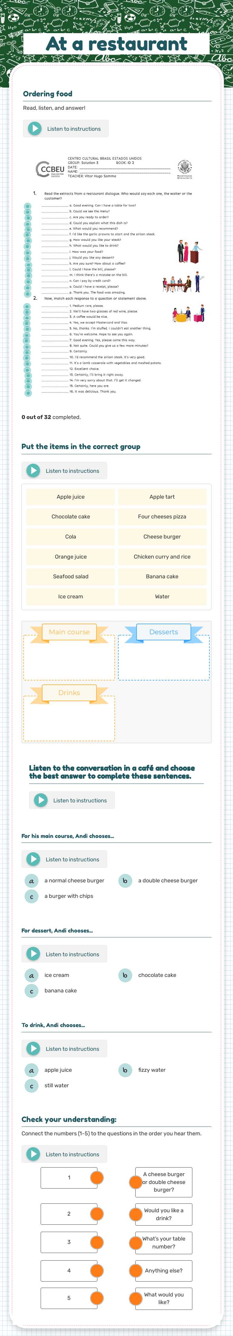 At a restaurant worksheet preview image