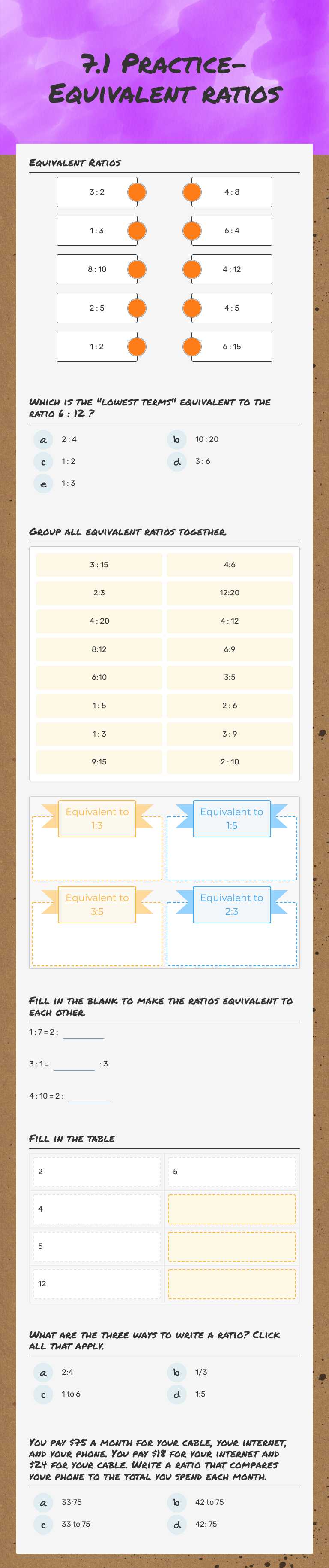 7.1 Practice- Equivalent ratios worksheet preview image