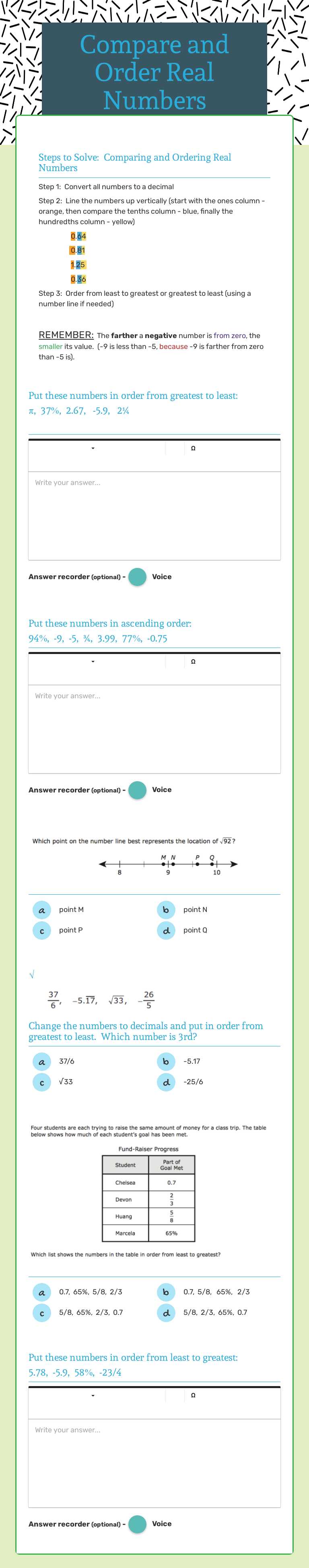 Compare and Order Real Numbers Grade 8 worksheet preview