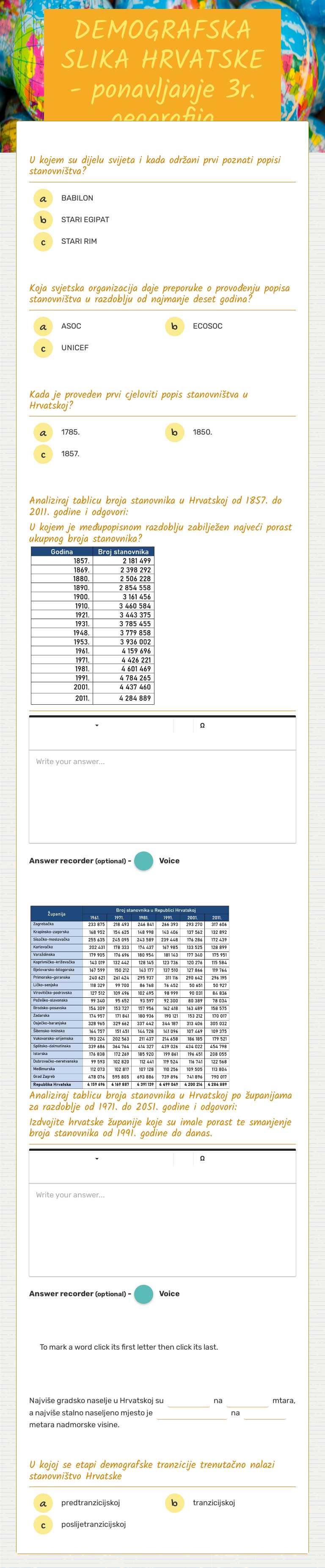 DEMOGRAFSKA SLIKA HRVATSKE - ponavljanje 3r. geografija worksheet preview image
