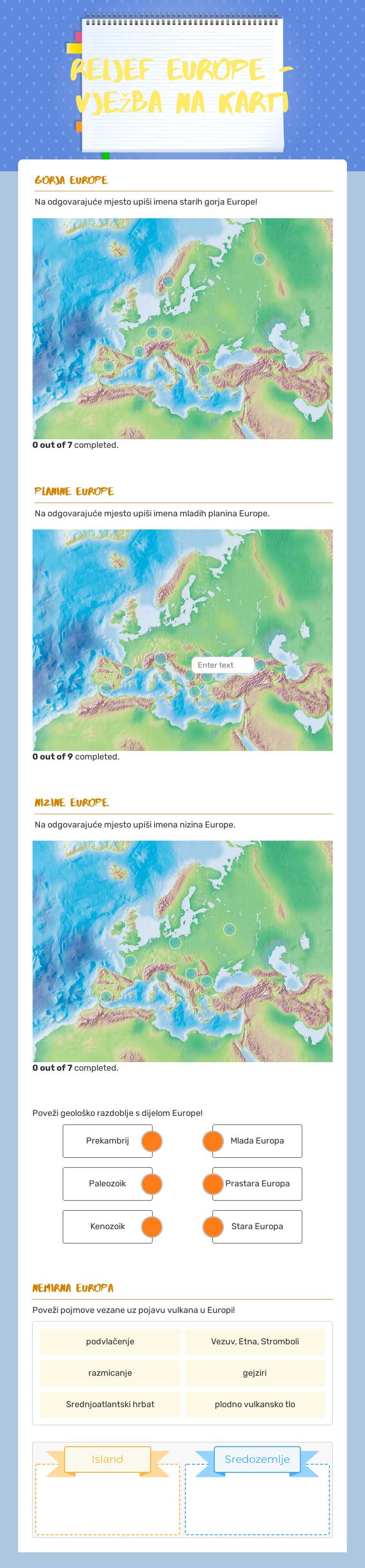 reljef EUROPE - vježba na karti Grade 7 worksheet preview