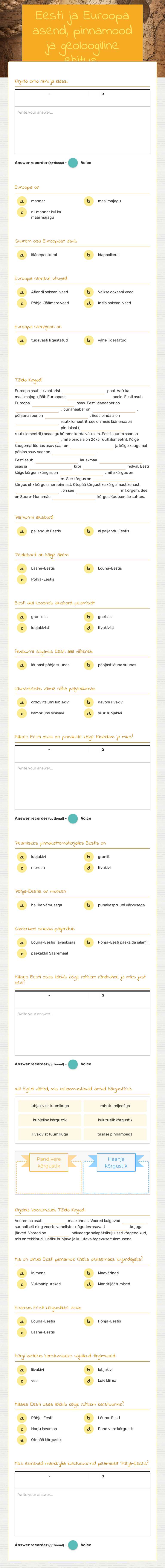 Eesti ja Euroopa asend, pinnamood ja geoloogiline ehitus. Grade 9 worksheet preview