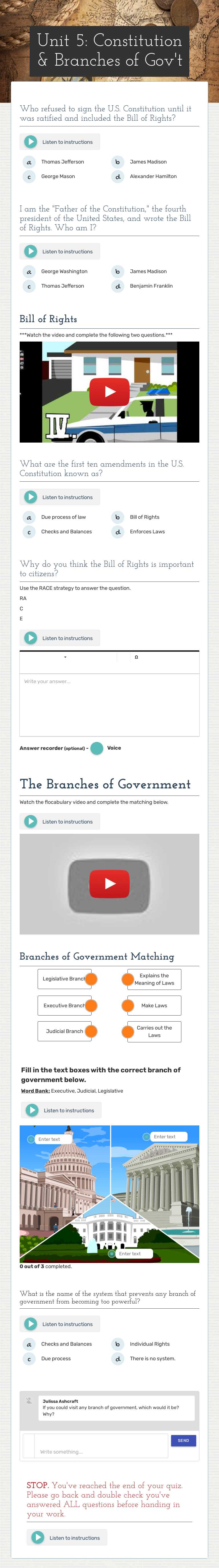 Unit 5: Constitution & Branches of Gov't worksheet preview image