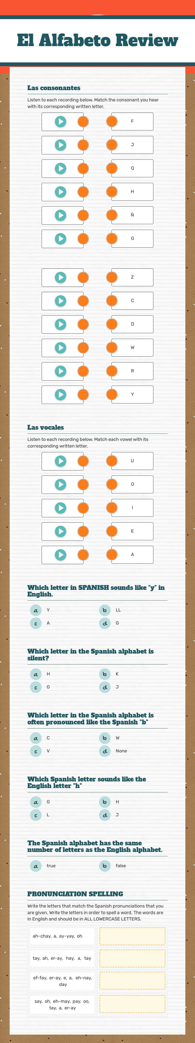 El Alfabeto Review Grade 10 worksheet preview