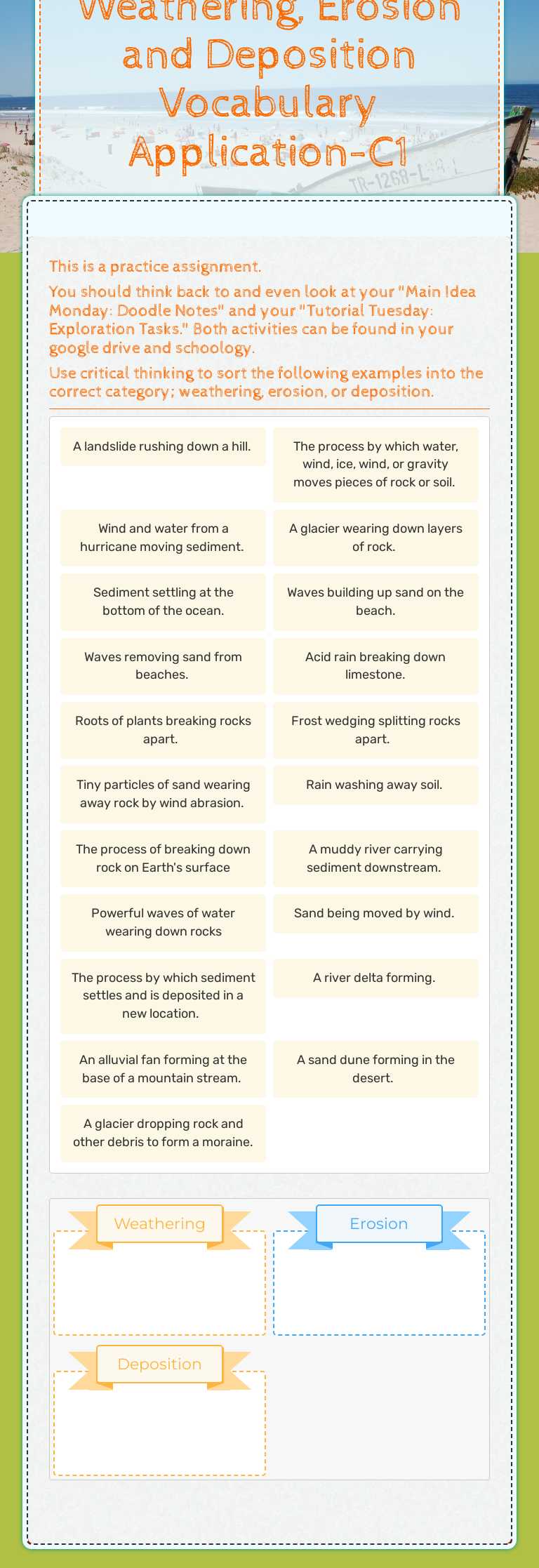 Weathering, Erosion and Deposition Vocabulary Application-C1 worksheet preview image