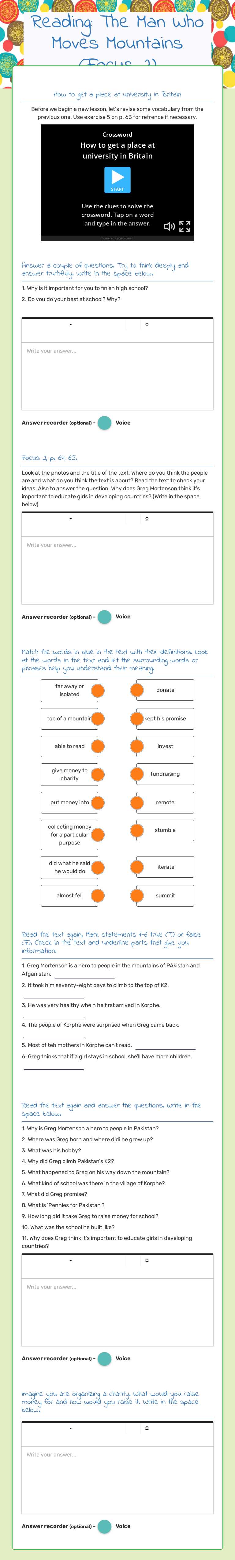 Reading: The Man Who Moves Mountains (Focus 2) worksheet preview image