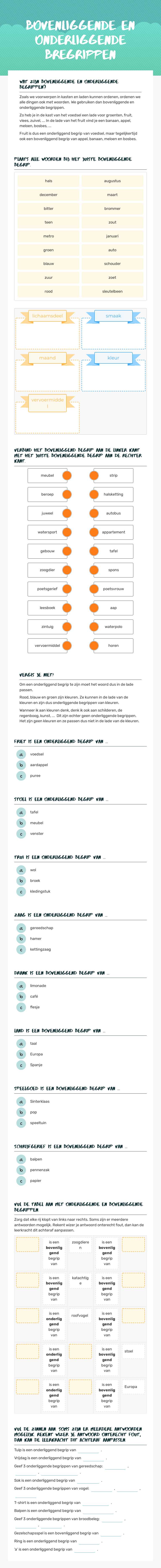 Bovenliggende en onderliggende bregrippen Grade 8 worksheet preview