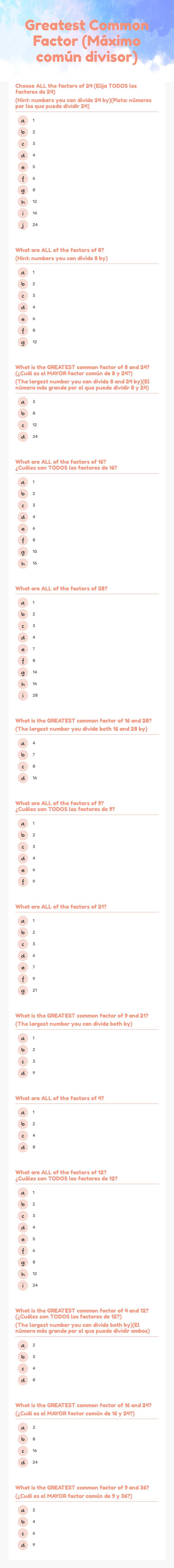 Greatest Common Factor (Máximo común divisor) Grade 6 worksheet preview