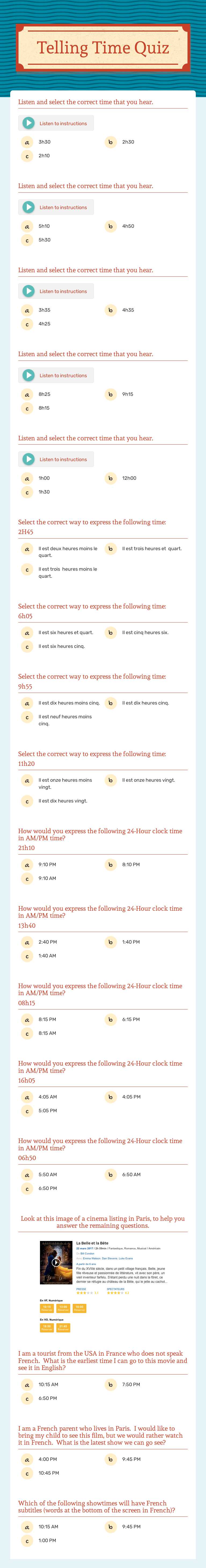 Telling Time Quiz worksheet preview image
