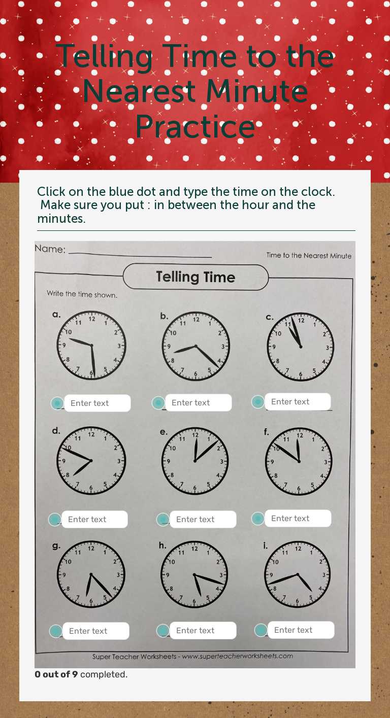 Telling Time to the Nearest Minute Practice worksheet preview image