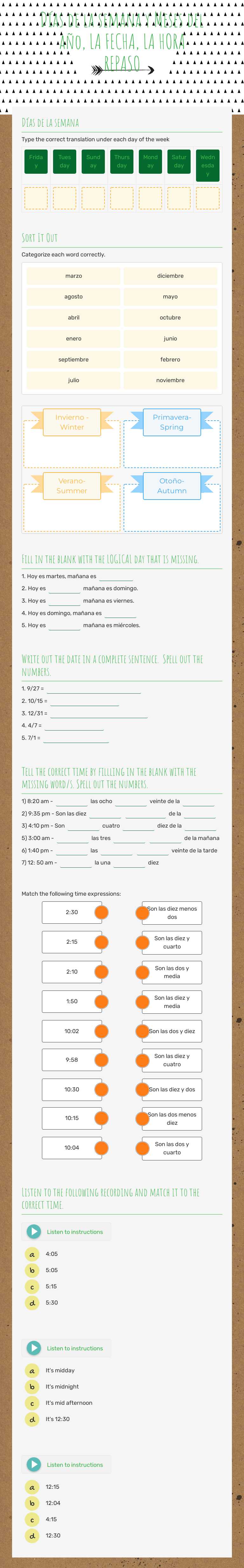 Días de la semana y Meses del año, LA FECHA, LA HORA REPASO worksheet preview