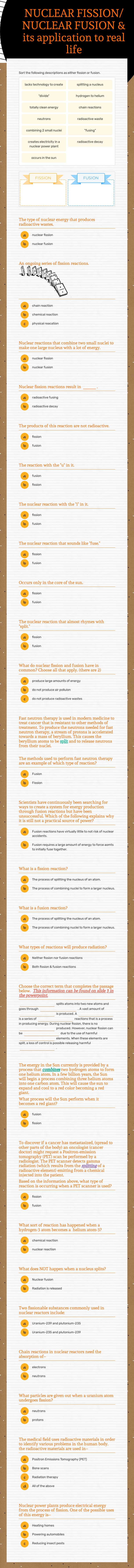 NUCLEAR FISSION/
NUCLEAR FUSION
& its application to real life worksheet preview image