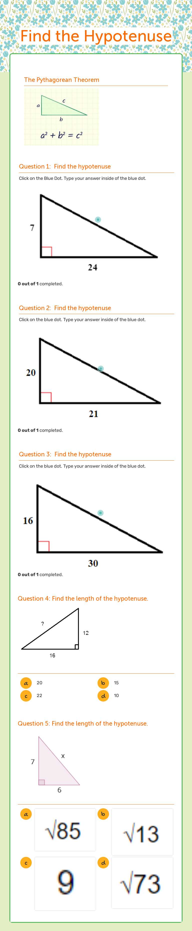 Find the Hypotenuse worksheet preview image