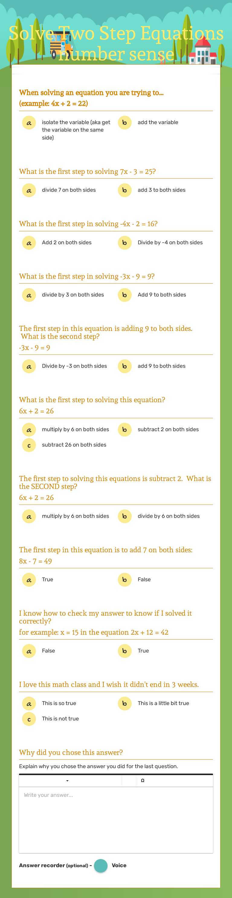 Solve Two Step Equations number sense worksheet preview image