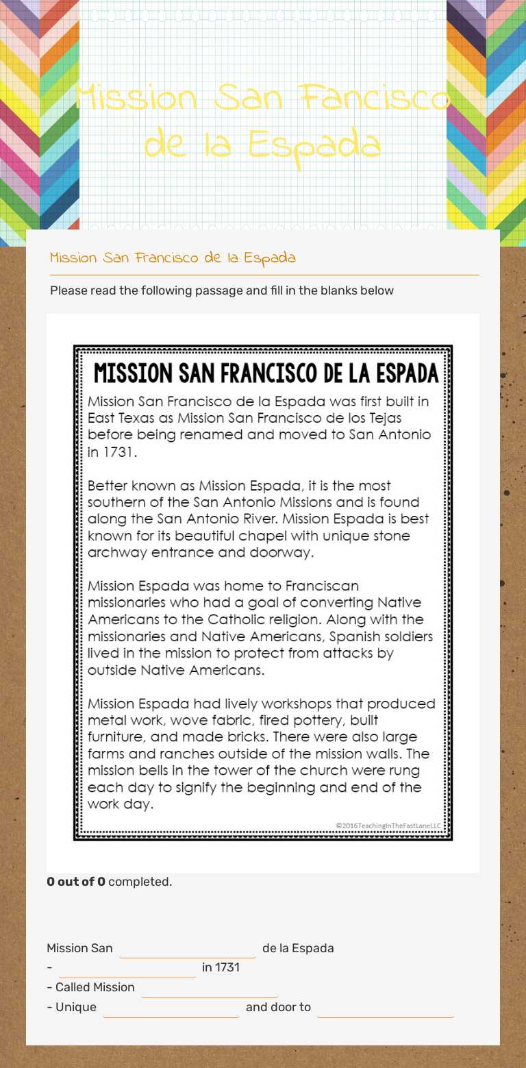 Mission San Fancisco de la Espada worksheet preview image