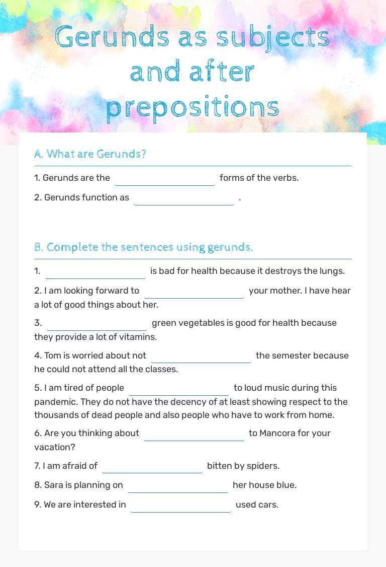 Gerunds as subjects and after prepositions worksheet preview image