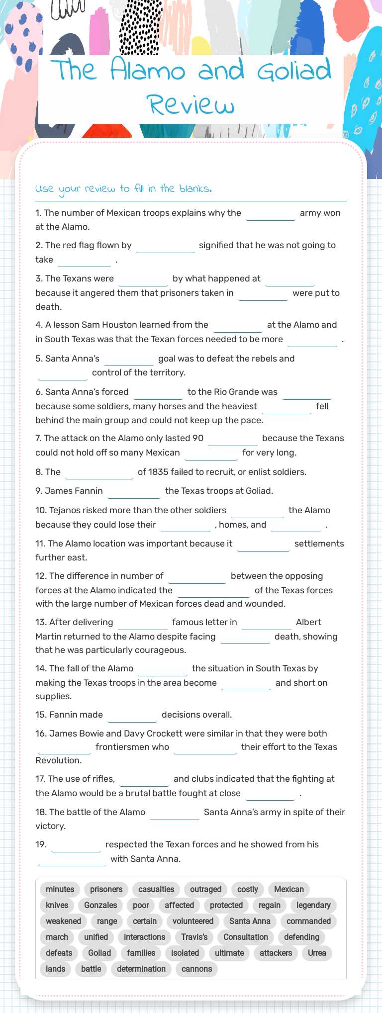 The Alamo and Goliad Review worksheet preview
