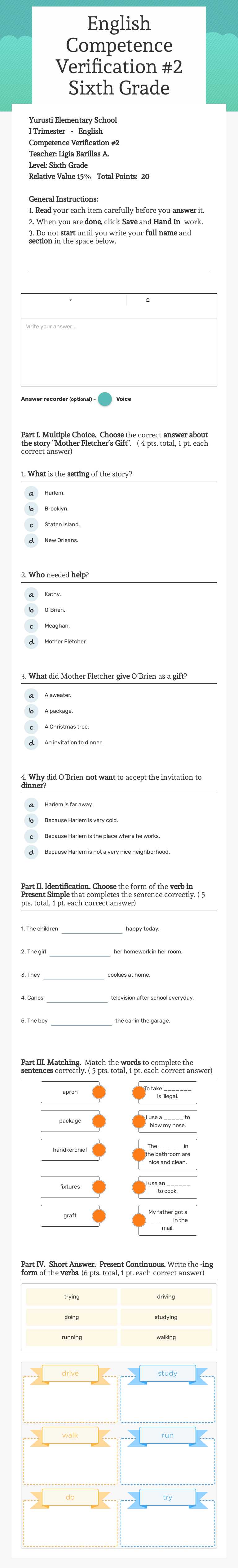 English  Competence Verification #2 Sixth Grade Grade 6 worksheet preview