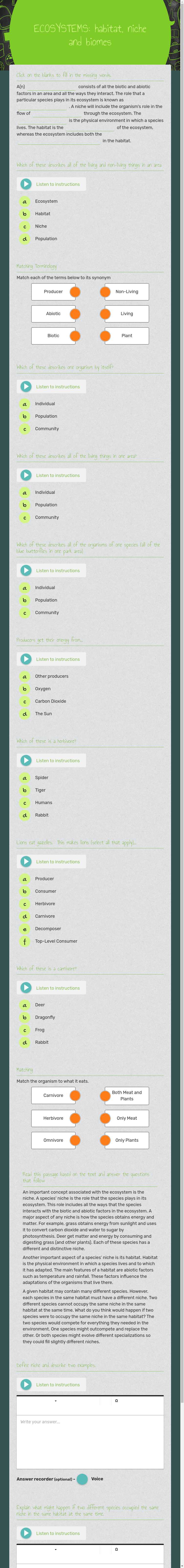 ECOSYSTEMS: habitat, niche and biomes worksheet preview image