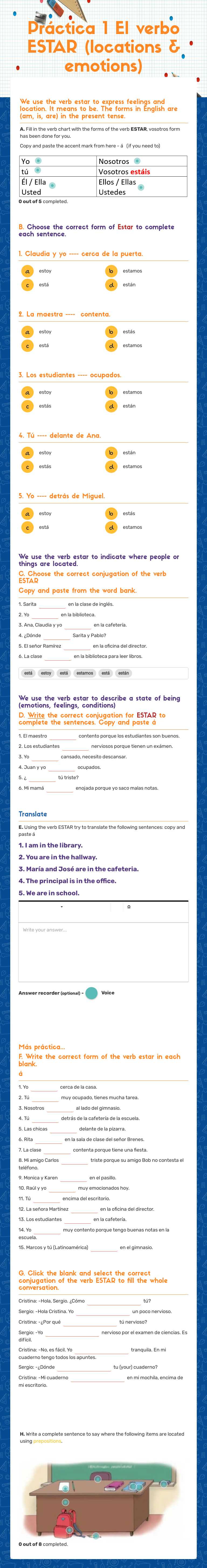 Práctica 1
El verbo ESTAR
 (locations & emotions) worksheet preview image