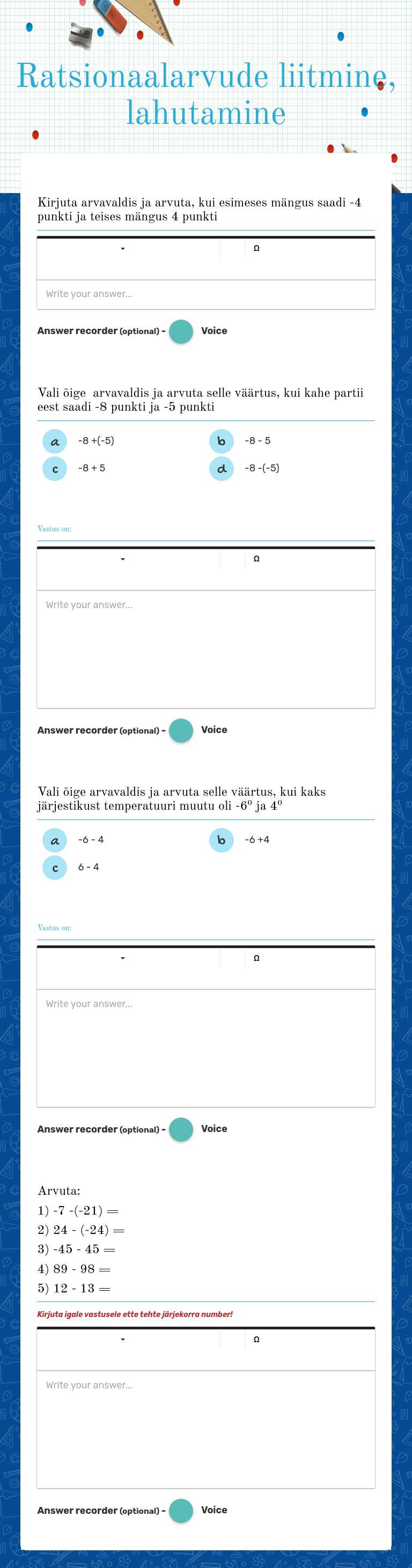 Ratsionaalarvude liitmine, lahutamine worksheet preview
