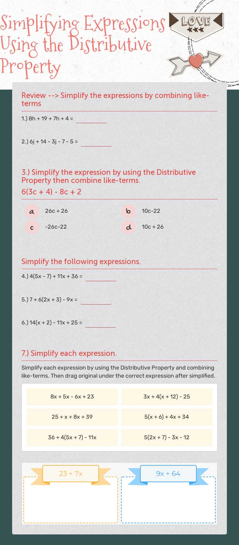 Simplifying Expressions Using the Distributive Property Grade 7 worksheet preview