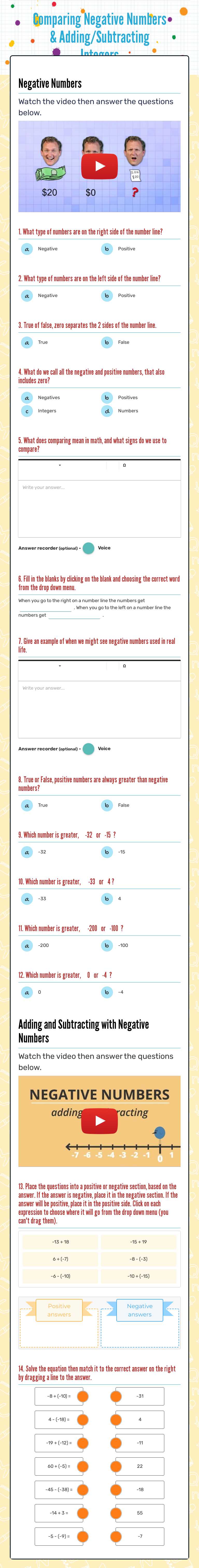 Comparing Negative Numbers & Adding/Subtracting Integers worksheet preview image