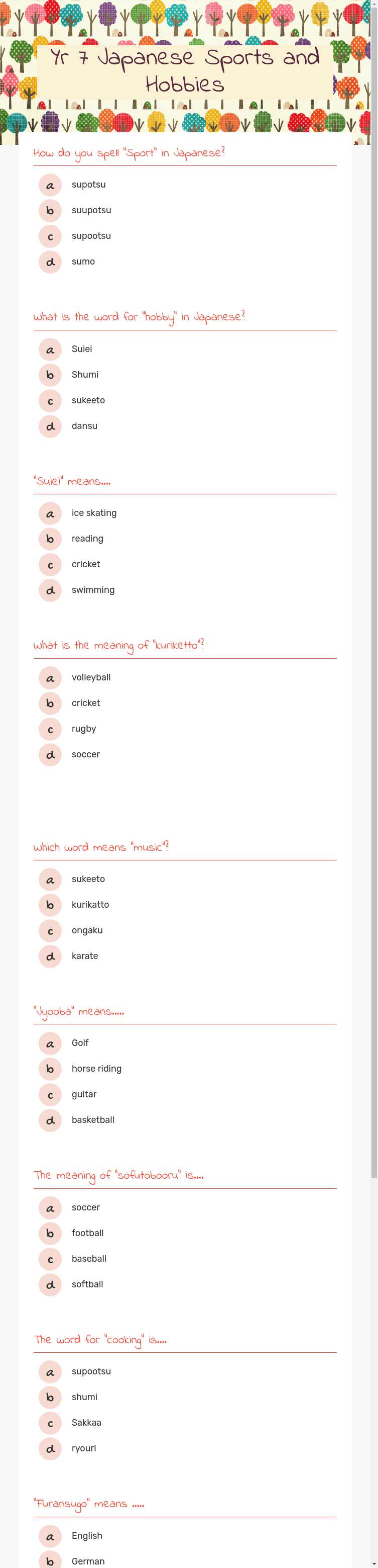 Yr 7 Japanese Sports and Hobbies worksheet preview image