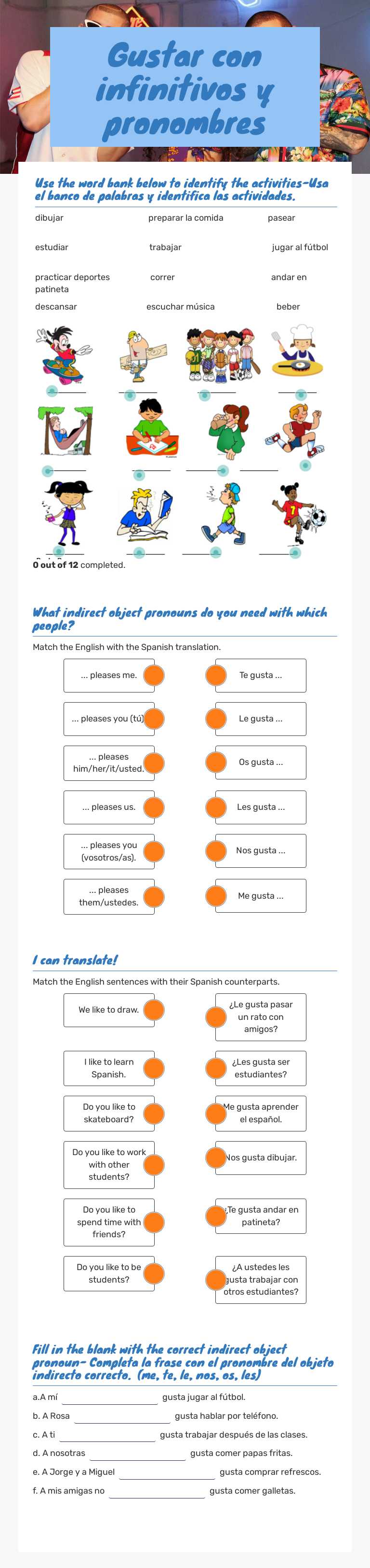 Gustar con infinitivos y pronombres Grade 9 worksheet preview