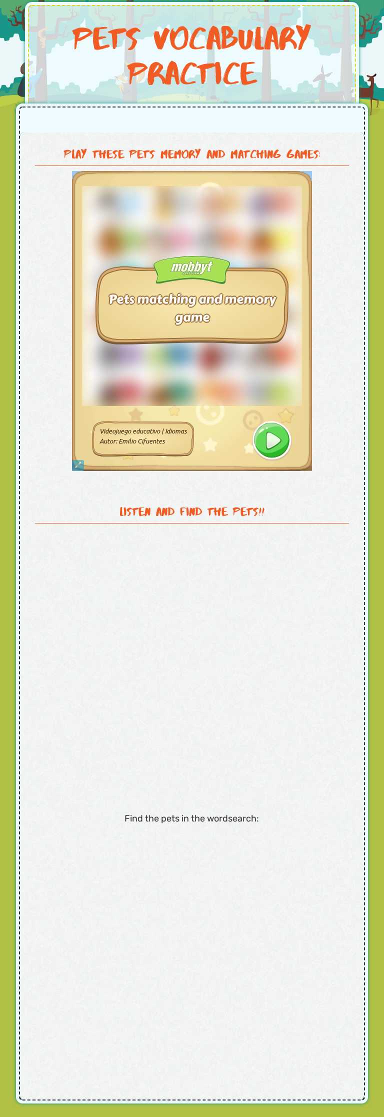 Pets vocabulary practice worksheet preview image