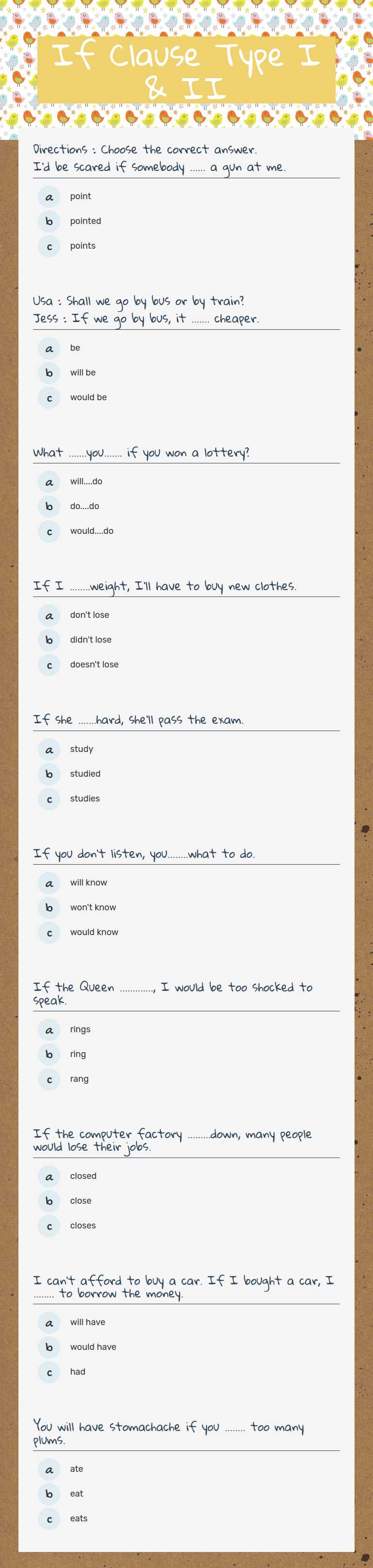 If Clause Type I & II worksheet preview image