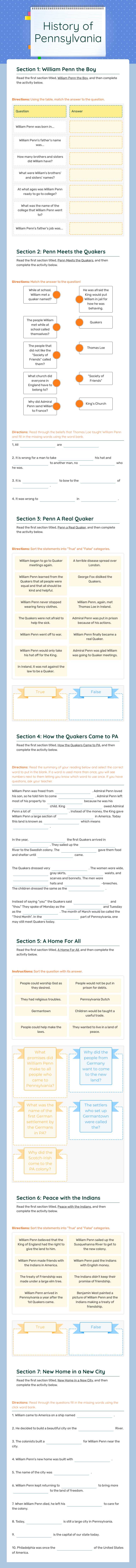 History of Pennsylvania worksheet preview