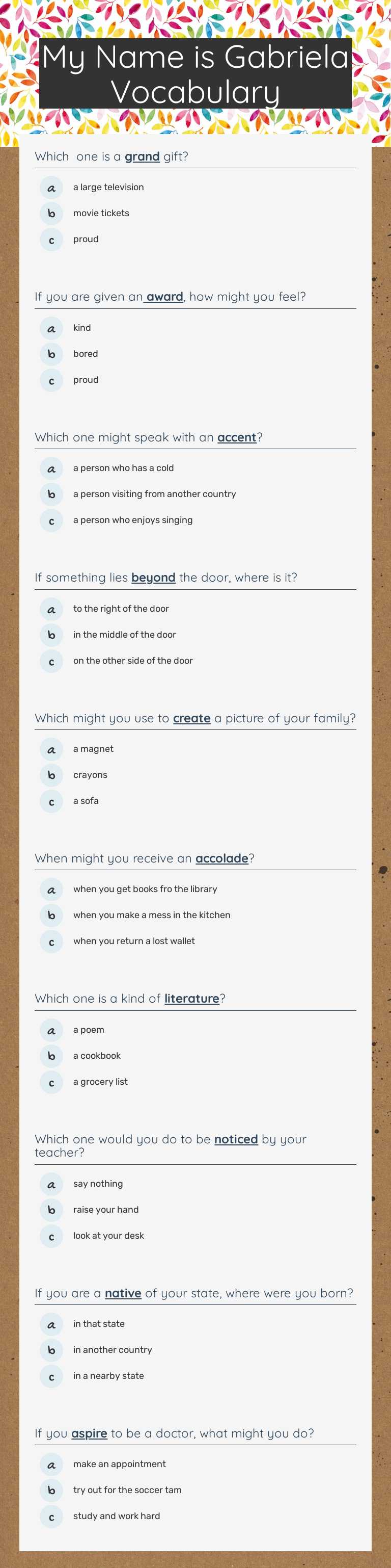 My Name is Gabriela Vocabulary worksheet preview image