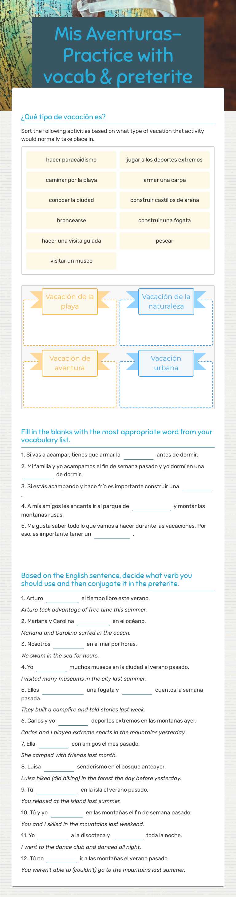 Mis Aventuras- Practice with vocab & preterite worksheet preview image