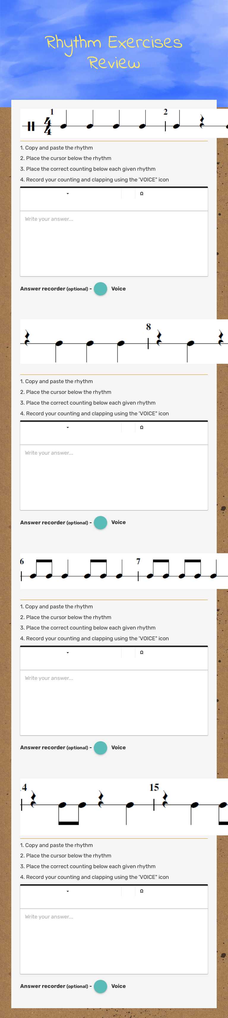 Rhythm Exercises Review worksheet preview image