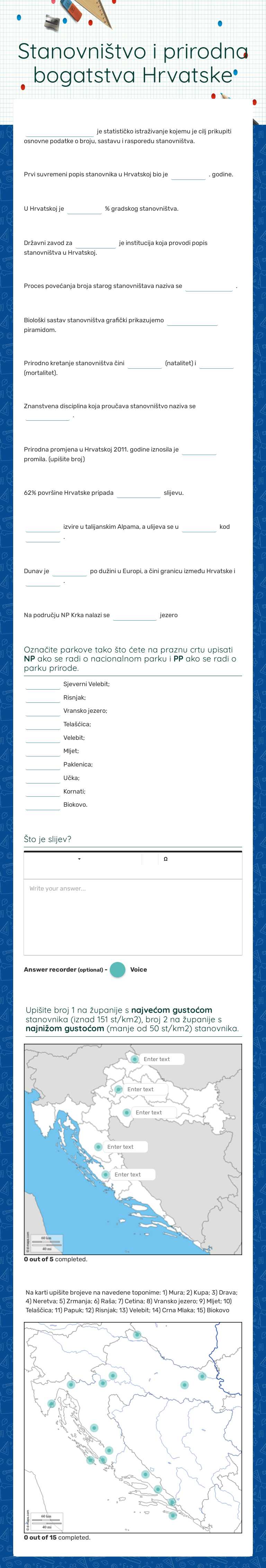 Stanovništvo i prirodna bogatstva Hrvatske worksheet preview image
