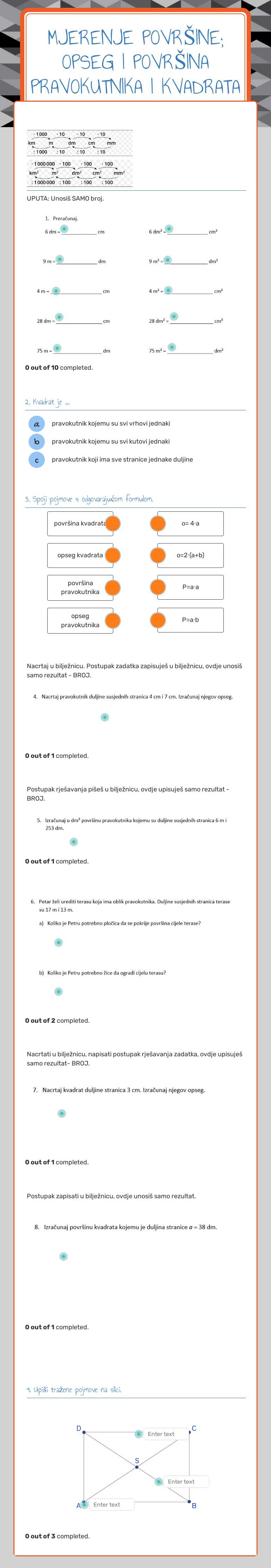 MJERENJE POVRŠINE; OPSEG I POVRŠINA PRAVOKUTNIKA I KVADRATA Grade 5 worksheet preview