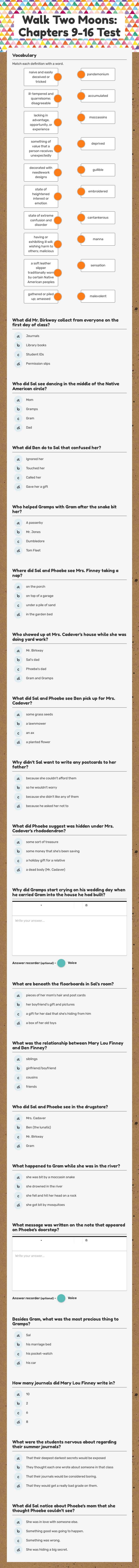 Walk Two Moons: Chapters 9-16 Test worksheet preview image