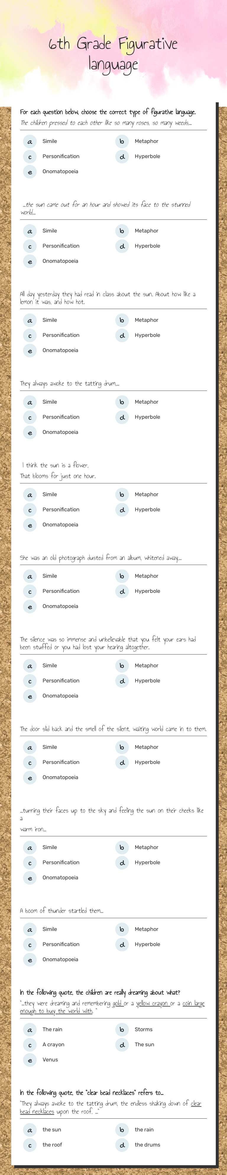 6th Grade Figurative language worksheet preview image