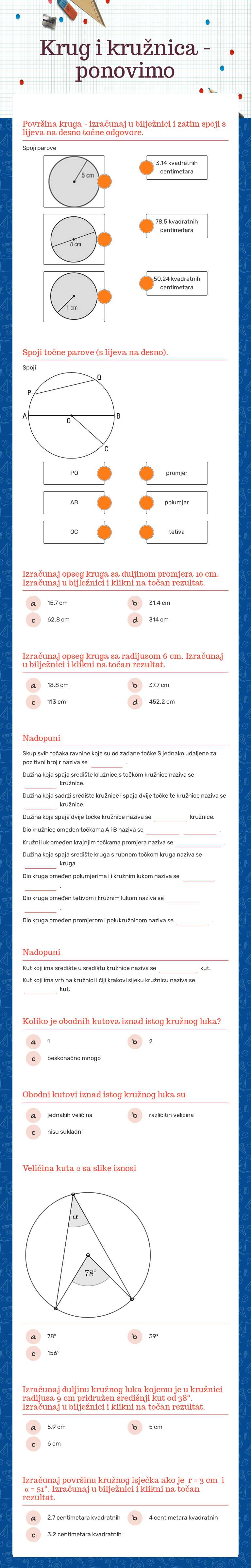 Krug i kružnica - ponovimo Grade 7 worksheet preview