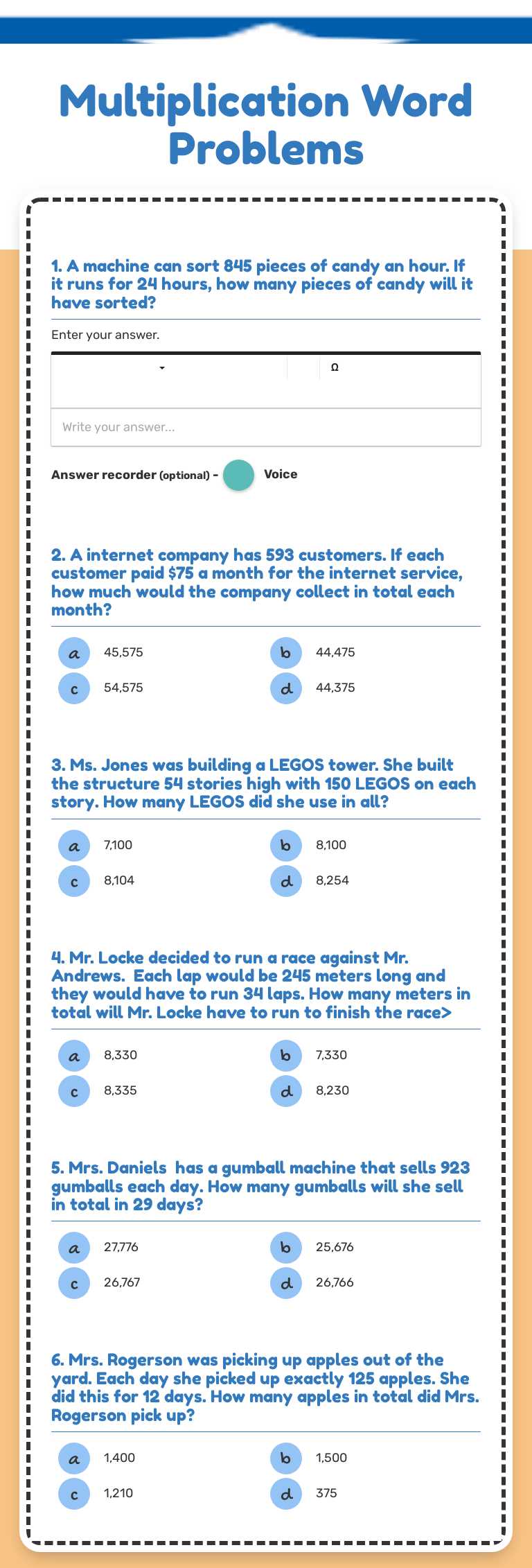 Multiplication Word Problems Grade 5 worksheet preview