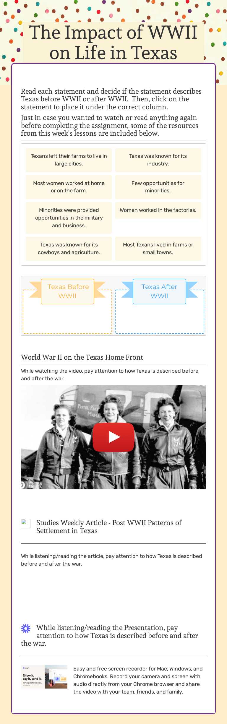 The Impact of WWII on Life in Texas worksheet preview image