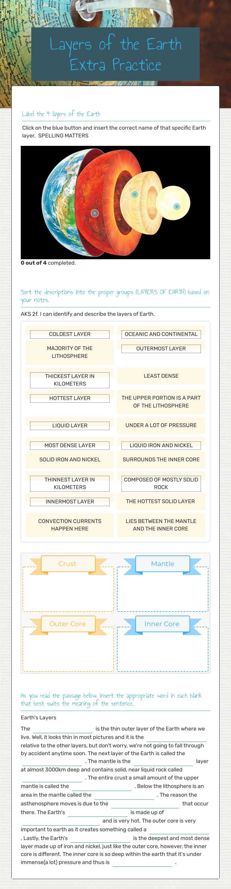 Layers of the Earth Extra Practice Grade 6 worksheet preview