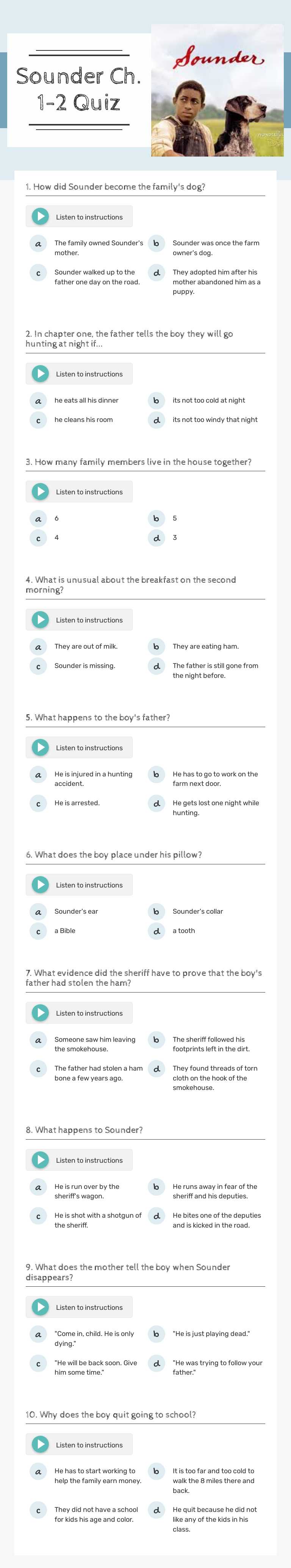 Sounder Ch.  1-2 Quiz worksheet preview image