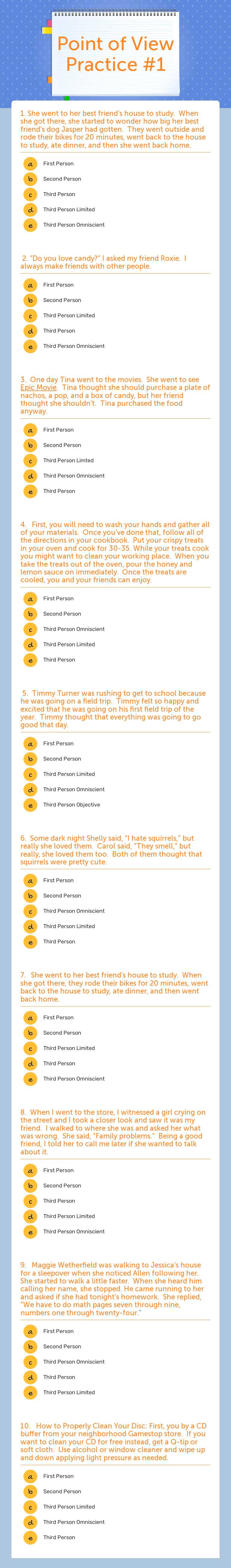 Point of View Practice #1 worksheet preview image
