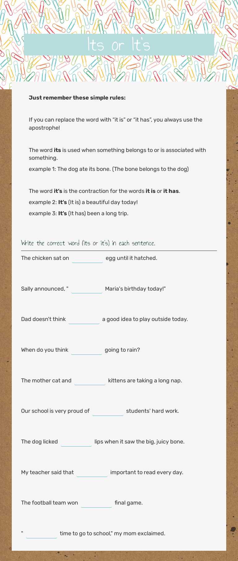 Its or It's Grade 2 worksheet preview