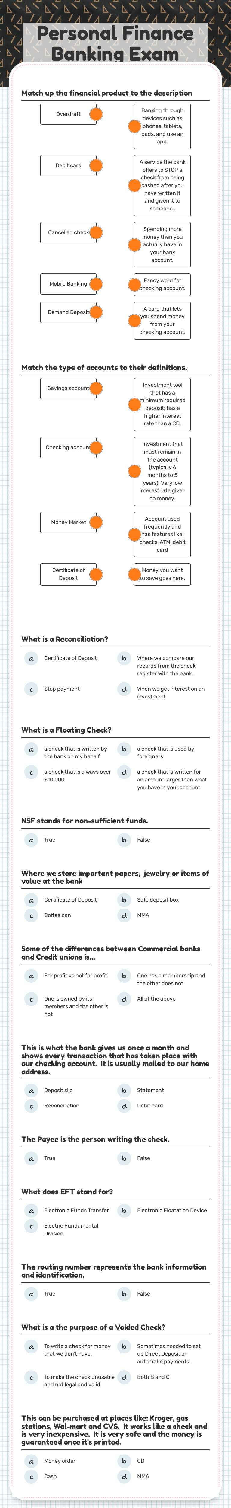 Personal Finance Banking Exam worksheet preview image